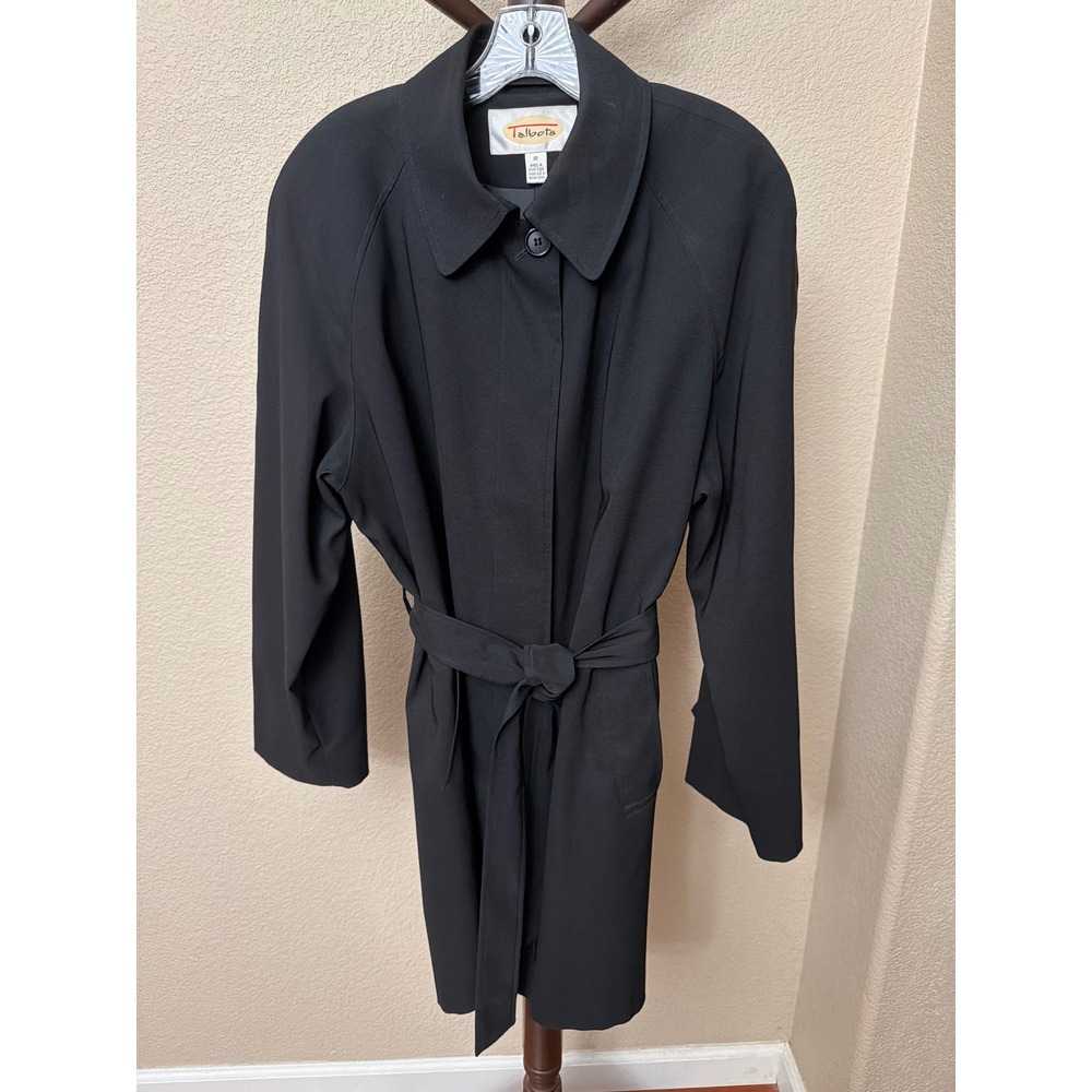 Talbots Womens Black Trench Coat Belted Raglan Sleeve Lined Size 10